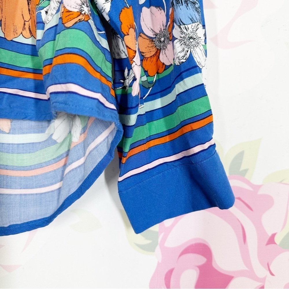 Anthropologie Maeve Floral Blue and Orange Cuffed Sleeve Blouse S - Picture 3 of 10